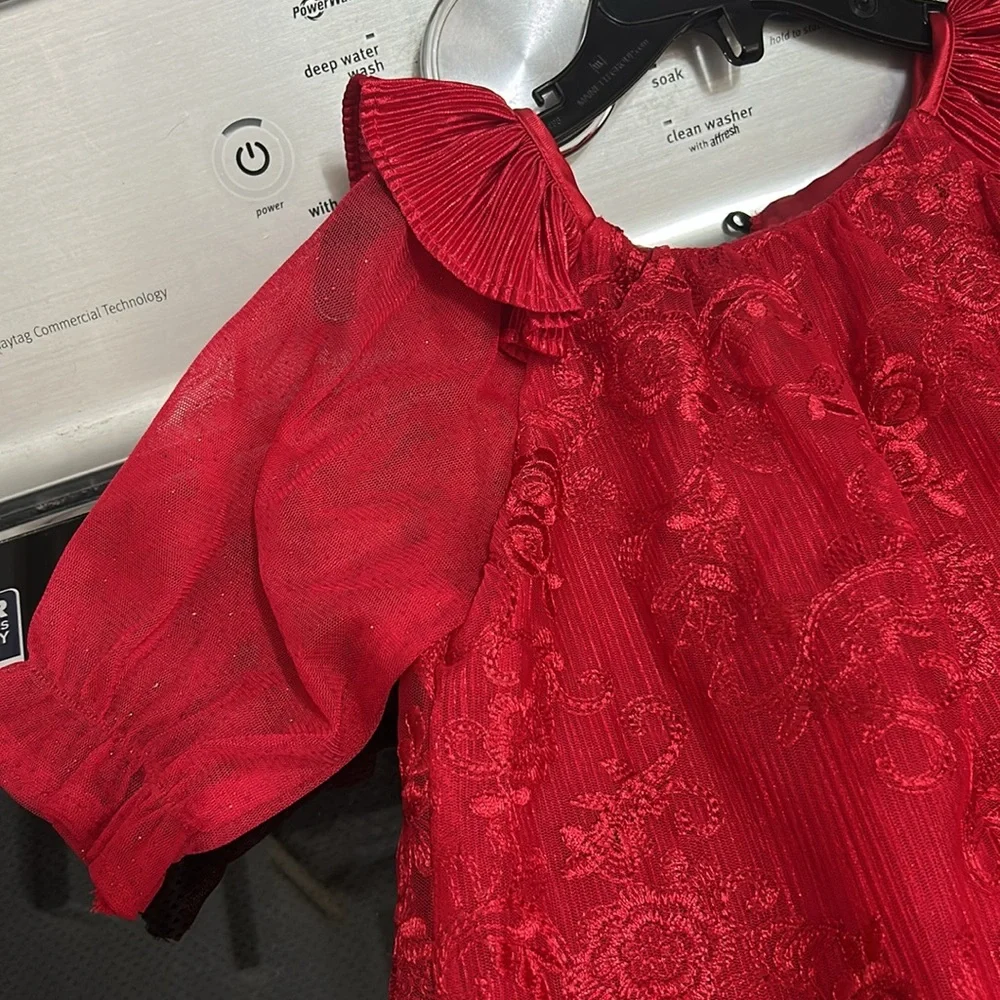 Girls 24 month formal fancy dress red lace roses flowers sparkle rare editions